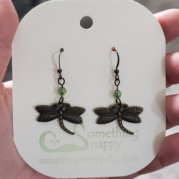 Antiqued Brass Dragonfly with Swarovski Crystal Earrings
