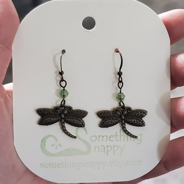 Antiqued Brass Dragonfly with Swarovski Crystal Earrings