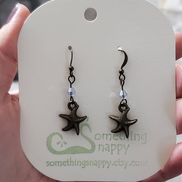 Antiqued Brass Starfish with Swarovski Crystal Earrings