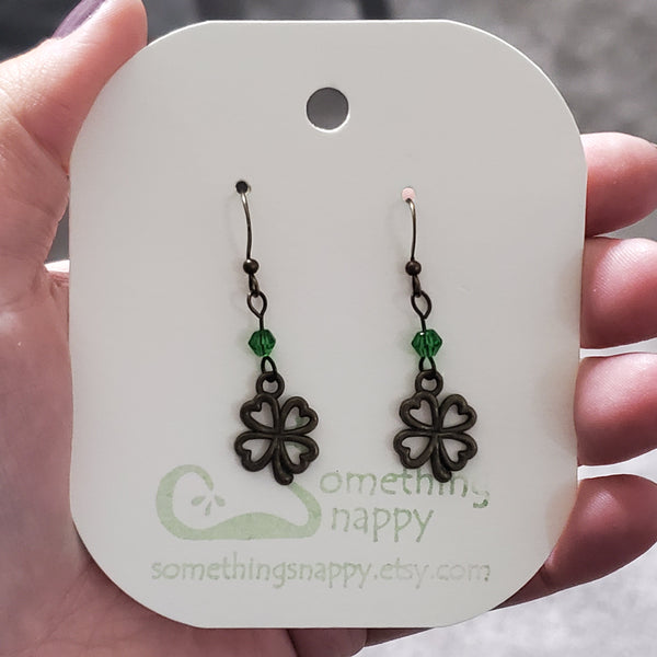 Antiqued Brass Shamrock with Swarovski Crystal Earrings