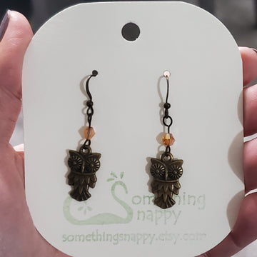 Antiqued Brass Owl with Swarovski Crystal Earrings