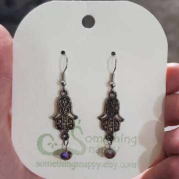 Tibetan Silver Hamsa Hands and Swarovski Crystal Earrings