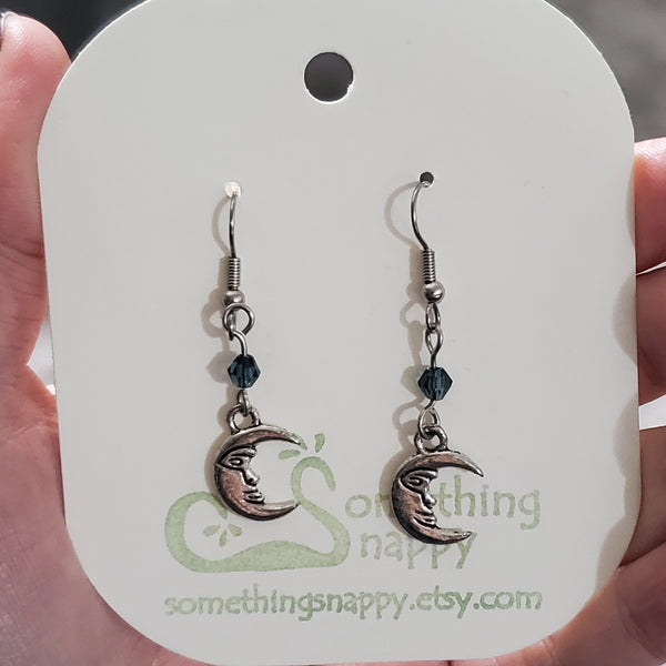 Tibetan Silver Crescent Moon and Swarovski Crystal Earrings