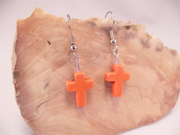 Orange Howlite Cross Earrings