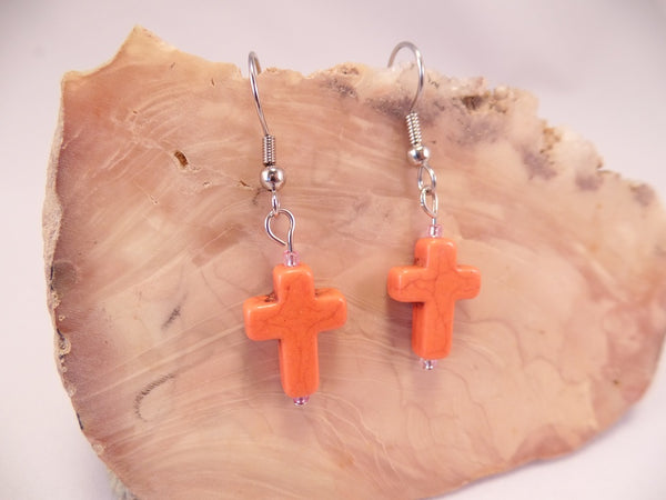 Orange Howlite Cross Earrings