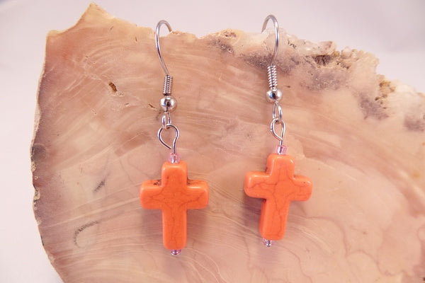 Orange Howlite Cross Earrings