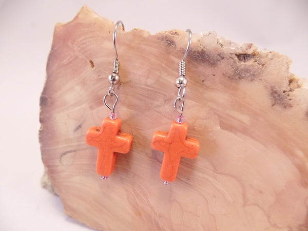 Orange Howlite Cross Earrings