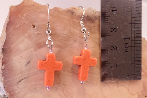 Orange Howlite Cross Earrings