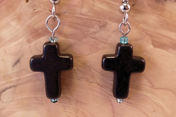 Black Howlite Cross Earrings