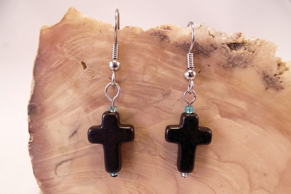 Black Howlite Cross Earrings