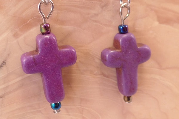 Purple Howlite Cross Earrings