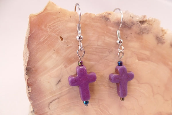 Purple Howlite Cross Earrings