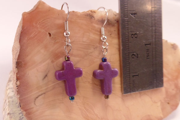 Purple Howlite Cross Earrings
