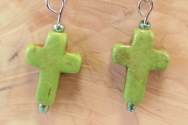 Lime Green Howlite Cross Earrings