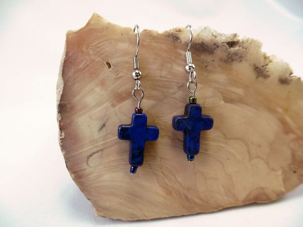 Blue Howlite Cross Earrings