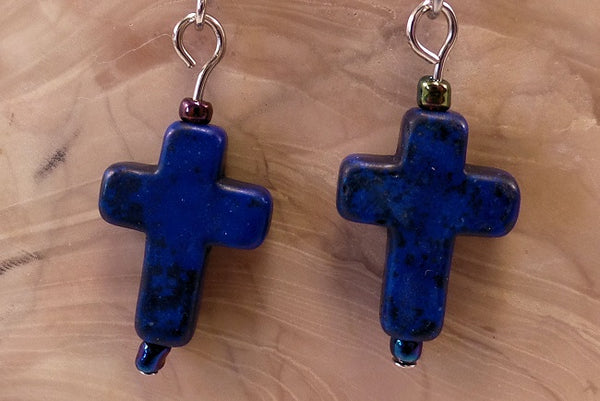 Blue Howlite Cross Earrings