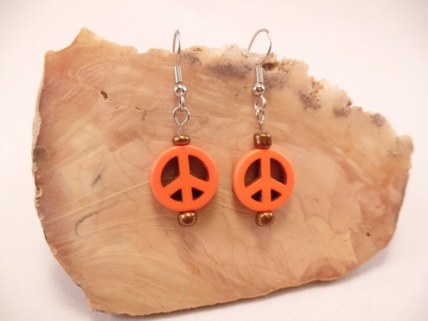 Orange Howlite Peace Sign Earrings