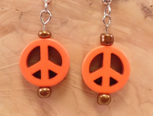 Orange Howlite Peace Sign Earrings