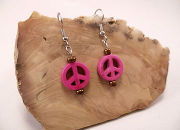 Hot Pink Howlite Peace Sign Earrings