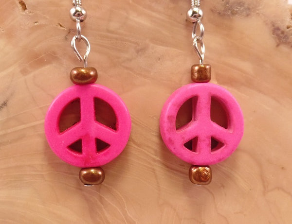 Hot Pink Howlite Peace Sign Earrings