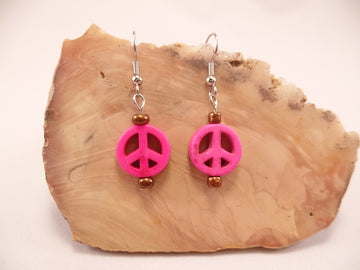 Hot Pink Howlite Peace Sign Earrings