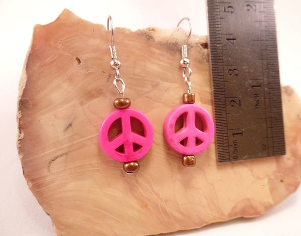 Hot Pink Howlite Peace Sign Earrings