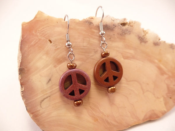 Brown Howlite Peace Sign Earrings