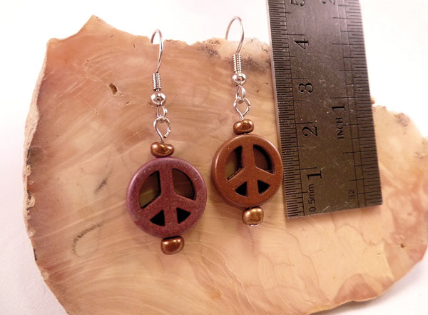 Brown Howlite Peace Sign Earrings