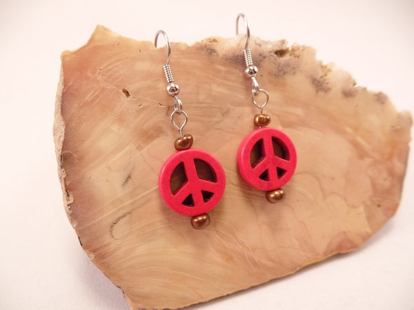 Red Howlite Peace Sign Earrings
