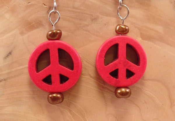 Red Howlite Peace Sign Earrings