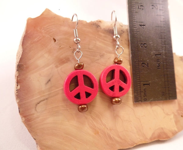 Red Howlite Peace Sign Earrings