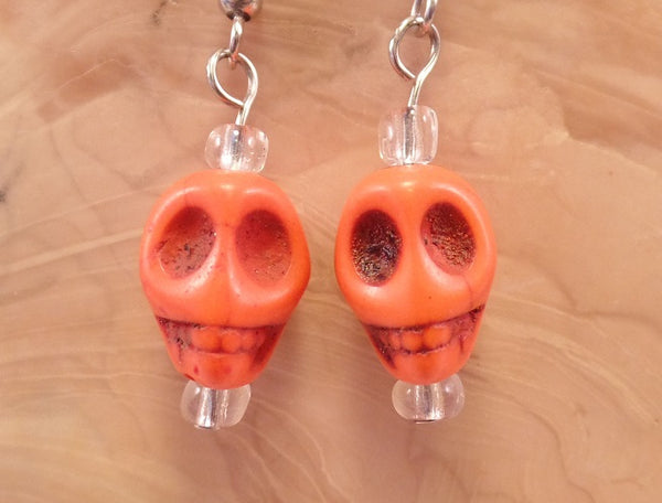 Orange Howlite Skull Earrings