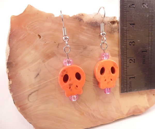 Orange Flat Skull Earrings