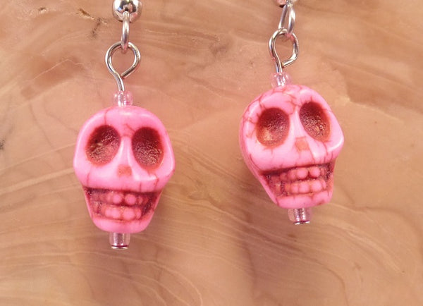 Hot Pink Howlite Skull Earrings