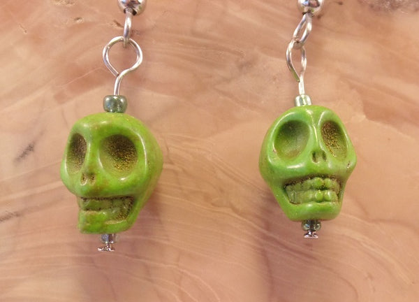 Lime Green Howlite Skull Earrings