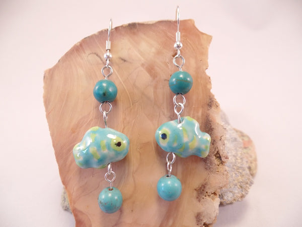 Green and Blue Ceramic Fish Earrings
