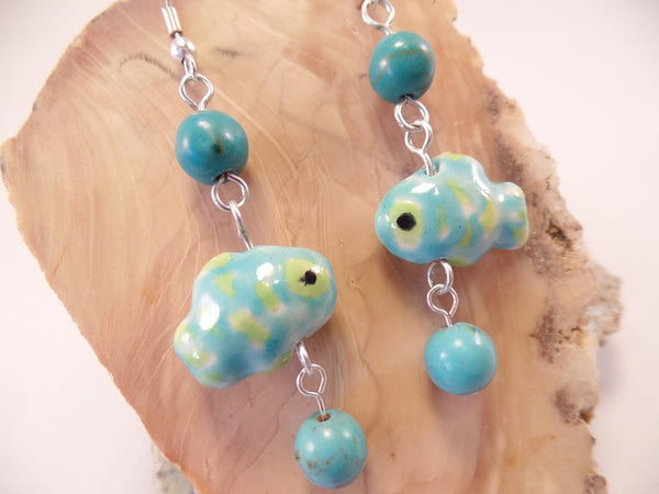 Green and Blue Ceramic Fish Earrings