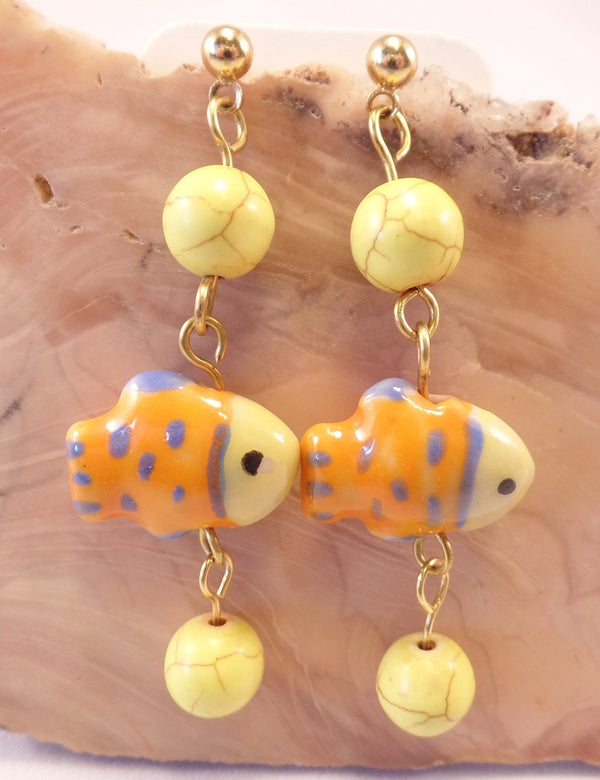 Yellow and Blue Ceramic Fish Earrings