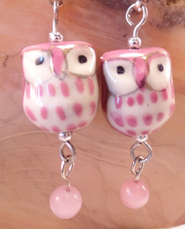 Pink Ceramic Owl Post Earrings