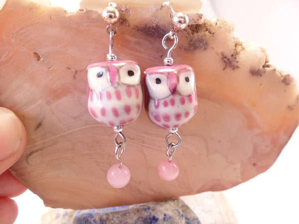Pink Ceramic Owl Post Earrings