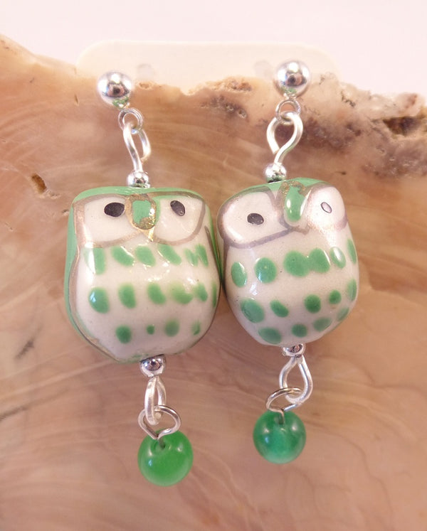 Light Green Ceramic Owl Post Earrings