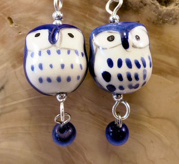 Blue Ceramic Owl Post Earrings