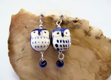 Blue Ceramic Owl Post Earrings