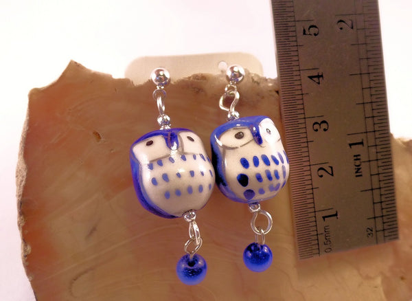 Blue Ceramic Owl Post Earrings