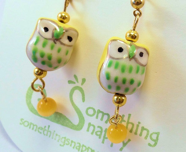 Yellow Ceramic Owl Post Earrings