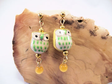 Yellow Ceramic Owl Post Earrings