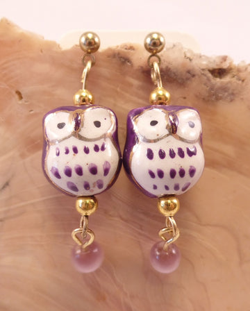 Purple Ceramic Owl Post Earrings