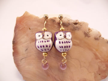 Purple Ceramic Owl Post Earrings