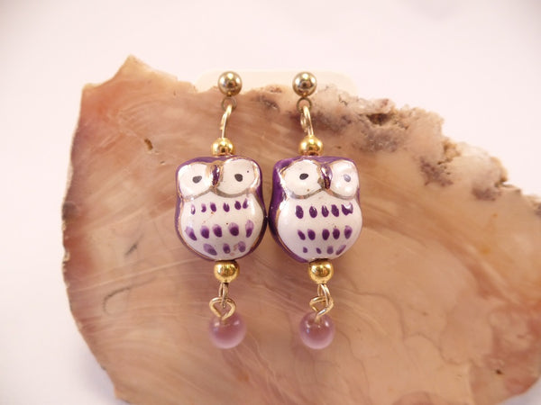 Purple Ceramic Owl Post Earrings