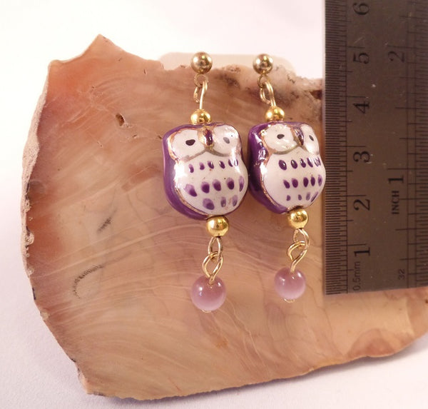 Purple Ceramic Owl Post Earrings